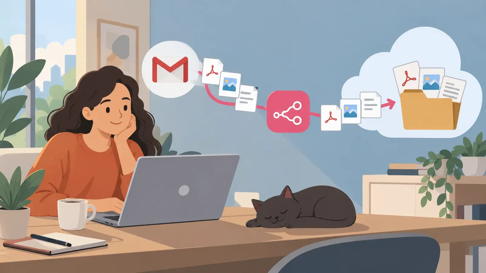 Imagen conceptual generada con IA sobre Cómo usar n8n para guardar adjuntos de Gmail en la nube
