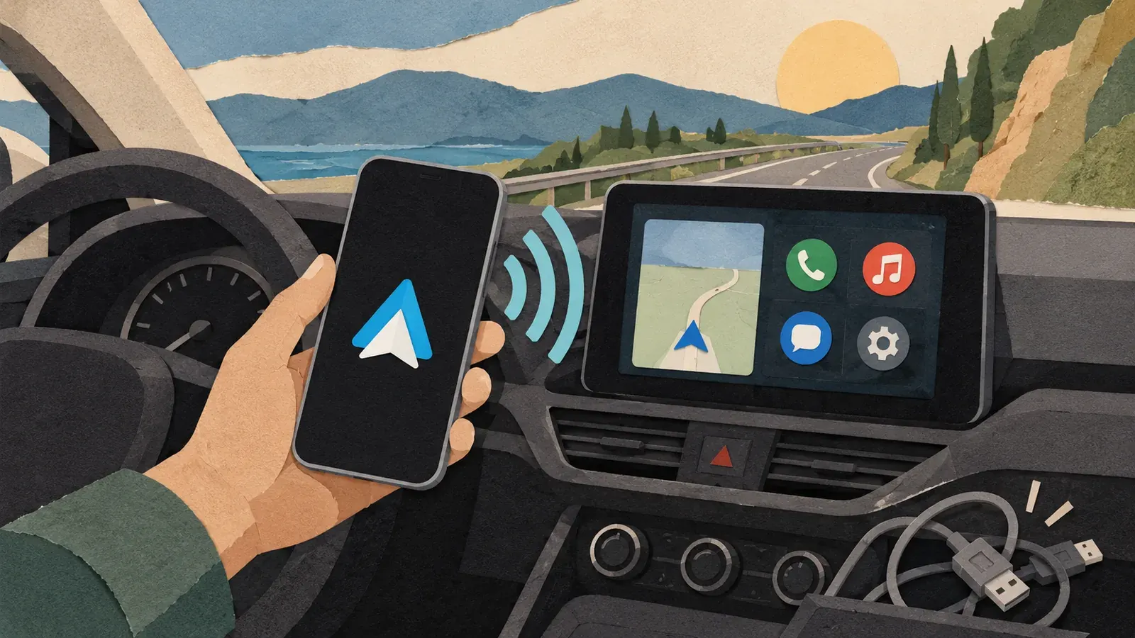Imagen conceptual generada con IA sobre Cómo usar Android Auto sin cables en cualquier coche (2026)