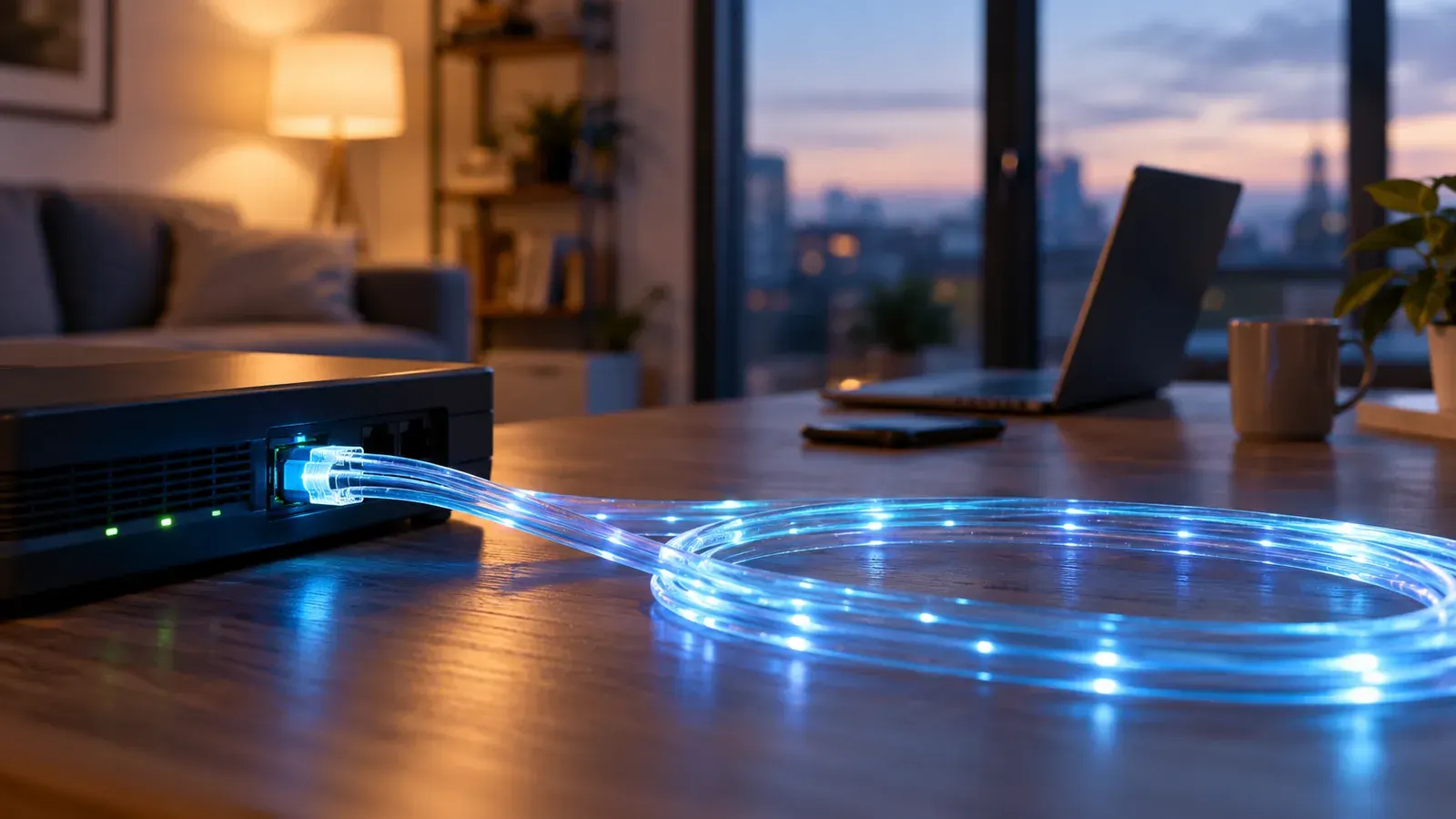 Imagen conceptual generada con IA sobre Fibra Óptica Simétrica: ¿Qué es y por qué la necesitas en 2026?