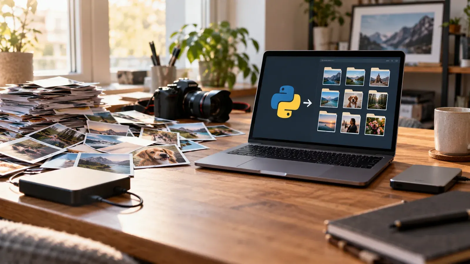 Imagen conceptual generada con IA sobre Cómo usar Python para organizar tus fotos con IA