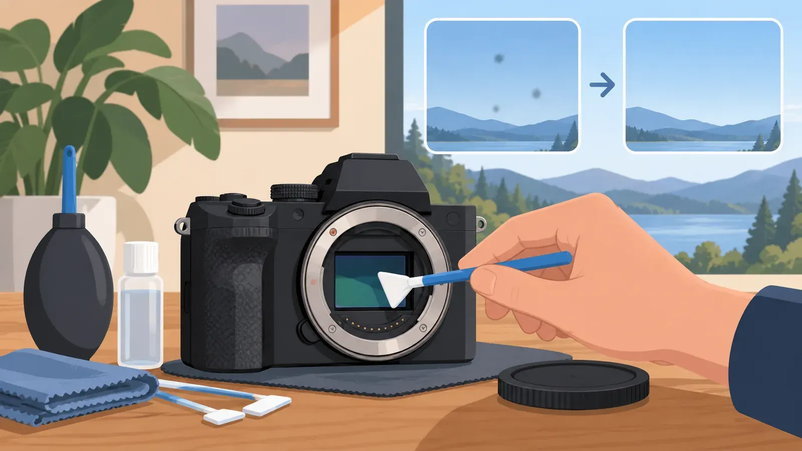 Imagen conceptual generada con IA sobre Cómo limpiar el sensor de tu cámara mirrorless: Guía 2026