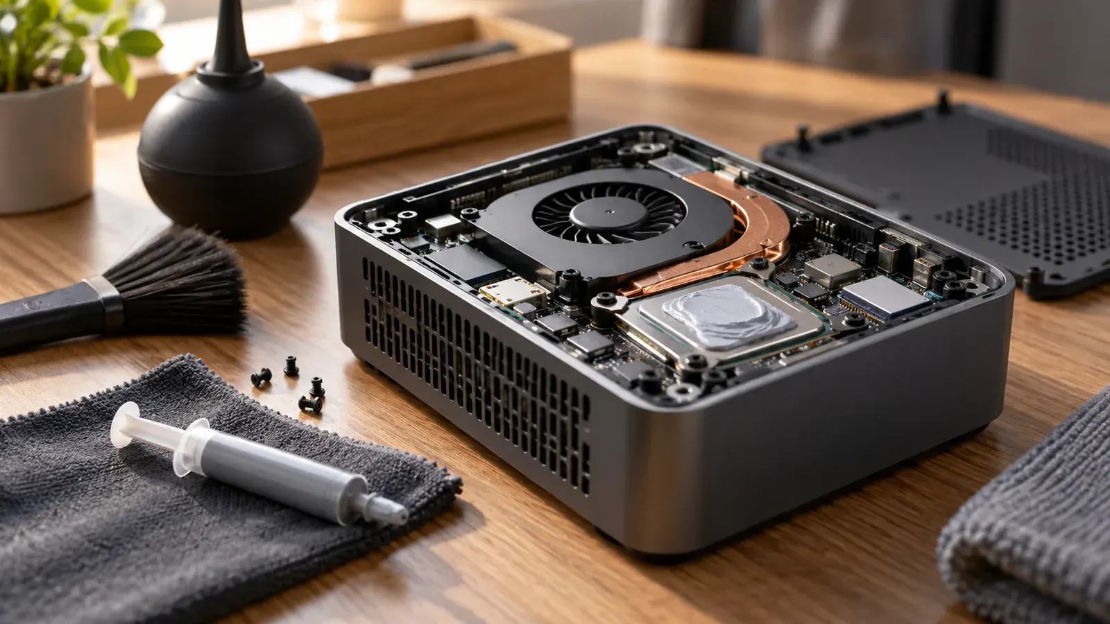 Imagen conceptual generada con IA sobre Guía de Mantenimiento para Mini PCs: Limpieza y Pasta Térmica