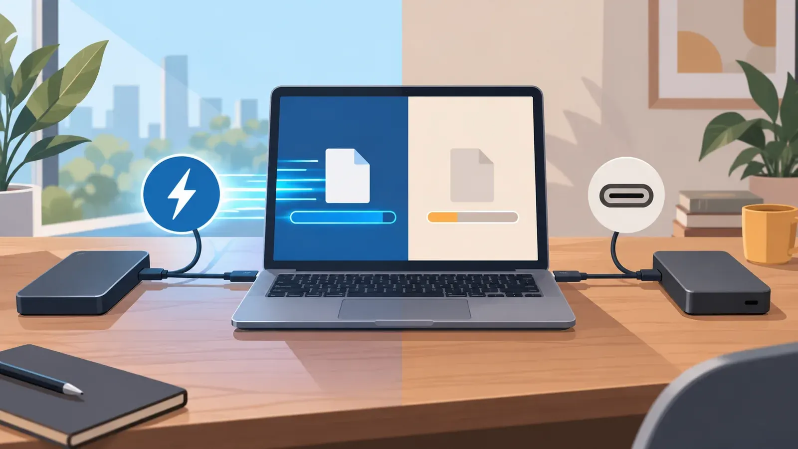 Imagen conceptual generada con IA sobre Thunderbolt 4 vs USB-C: Diferencias clave en 2026