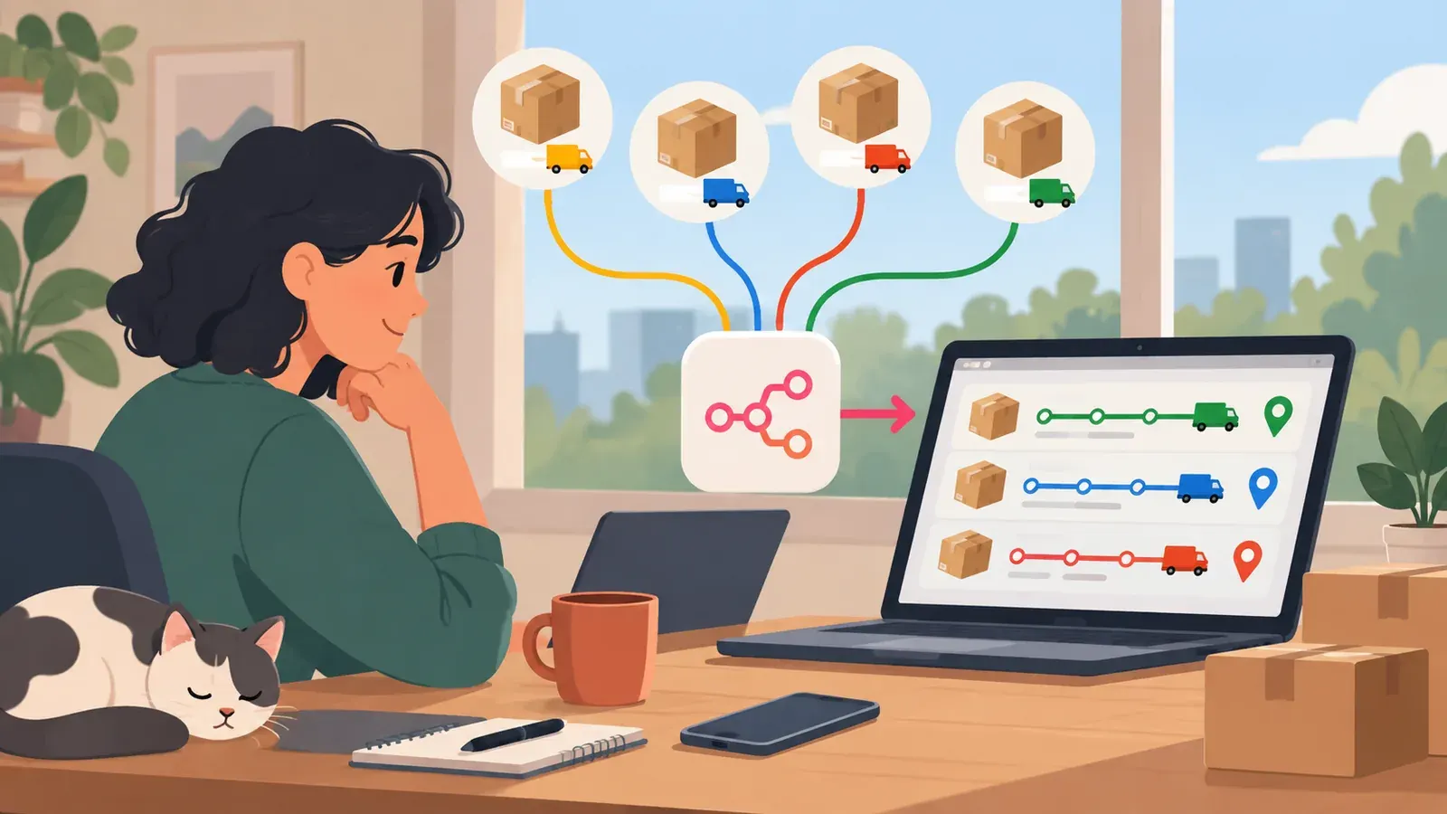 Imagen conceptual generada con IA sobre Cómo usar n8n para automatizar el seguimiento de paquetes