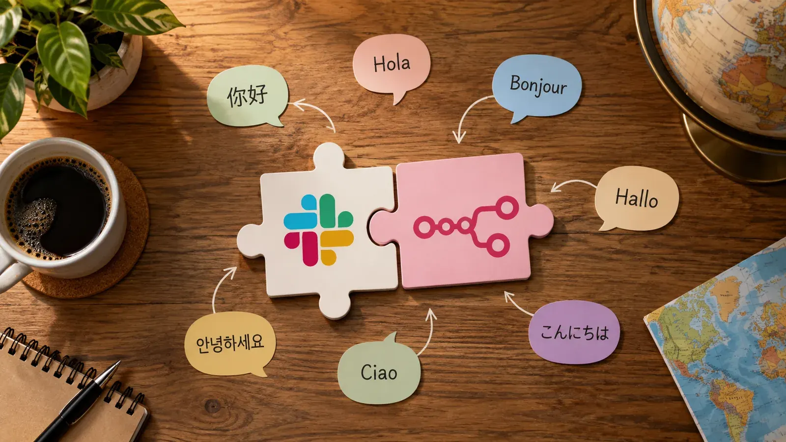 Imagen conceptual generada con IA sobre Cómo usar n8n para traducir mensajes de Slack automáticamente