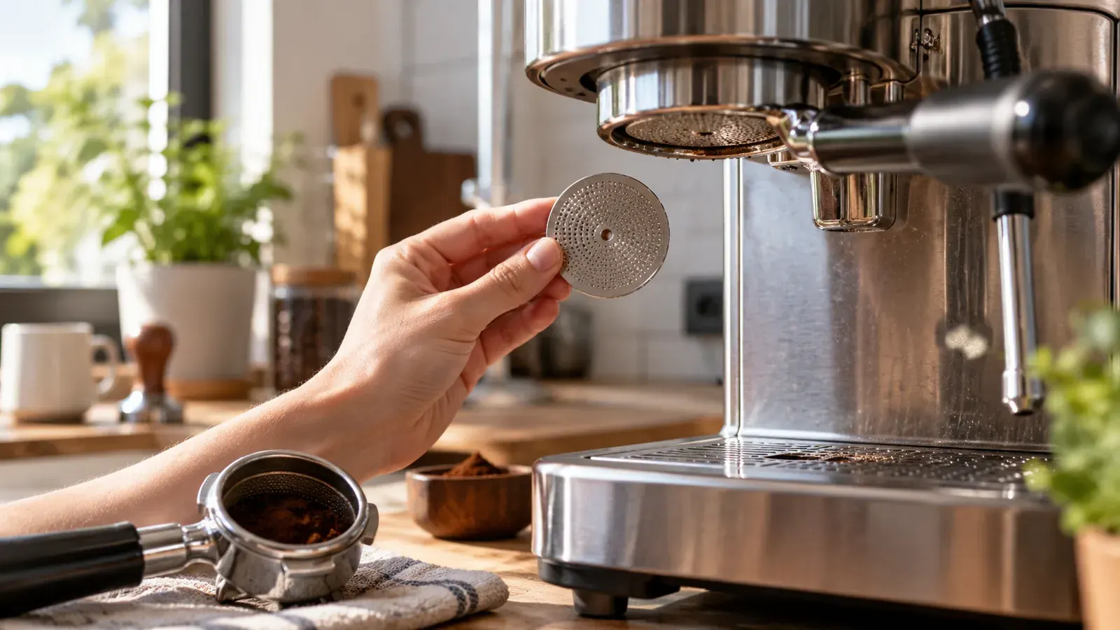 Imagen conceptual generada con IA sobre Puck Screen: Qué es y cómo mejora la limpieza de tu cafetera