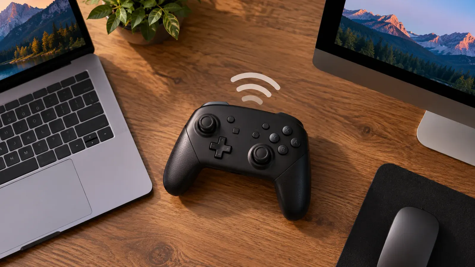 Imagen conceptual generada con IA sobre Cómo usar el mando Pro de Switch en PC o Mac de forma inalámbrica