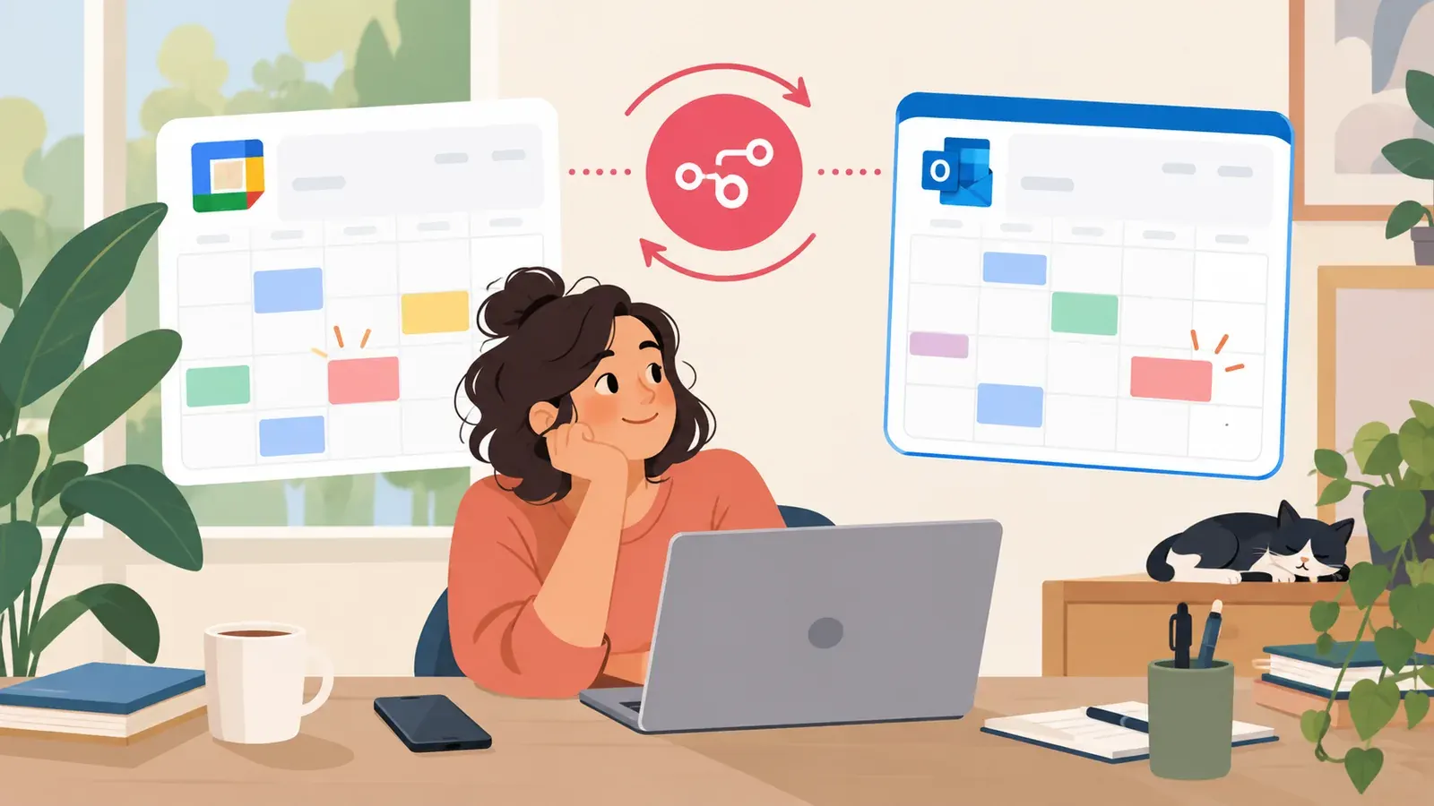 Imagen conceptual generada con IA sobre Cómo usar n8n para sincronizar Google Calendar y Outlook