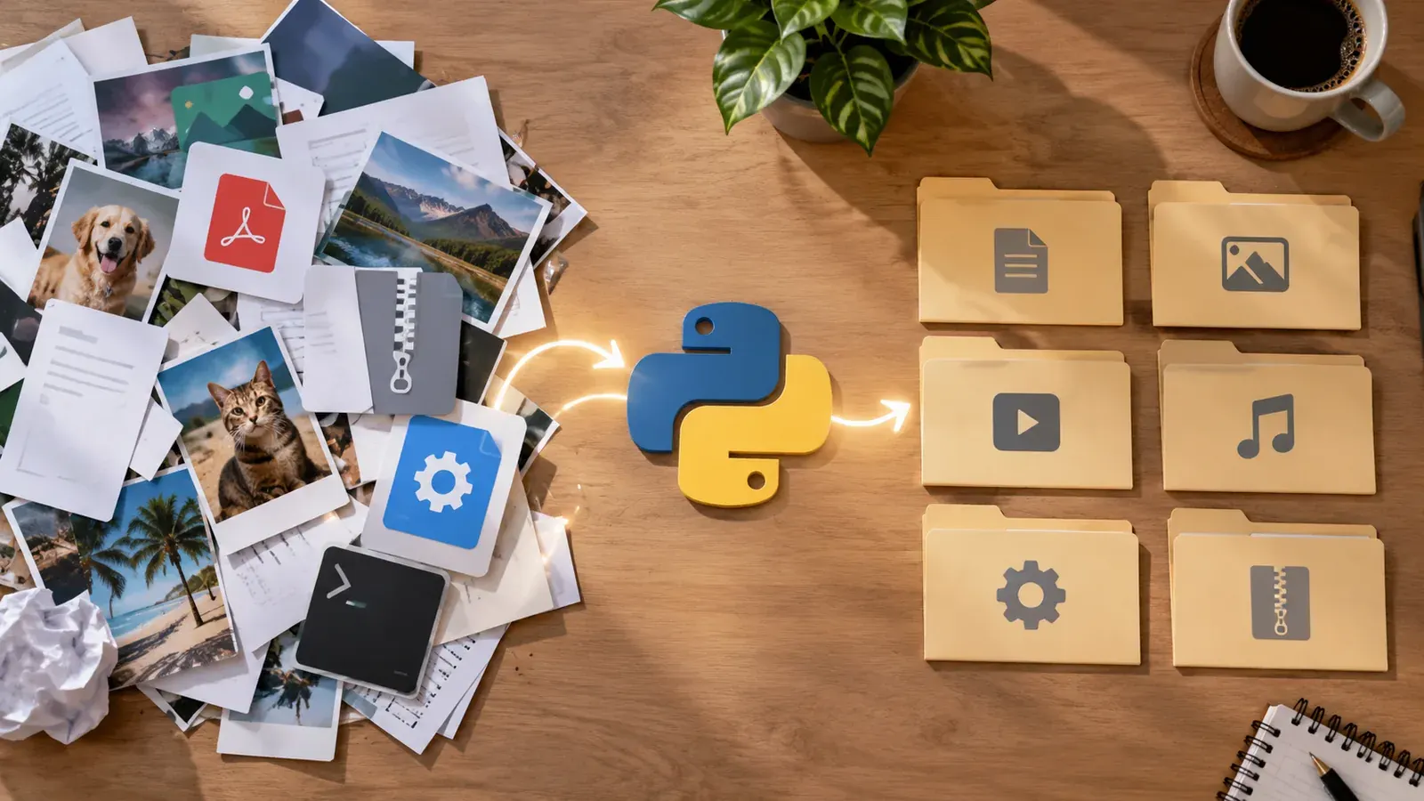 Imagen conceptual generada con IA sobre Cómo usar Python para organizar archivos por IA en 2026