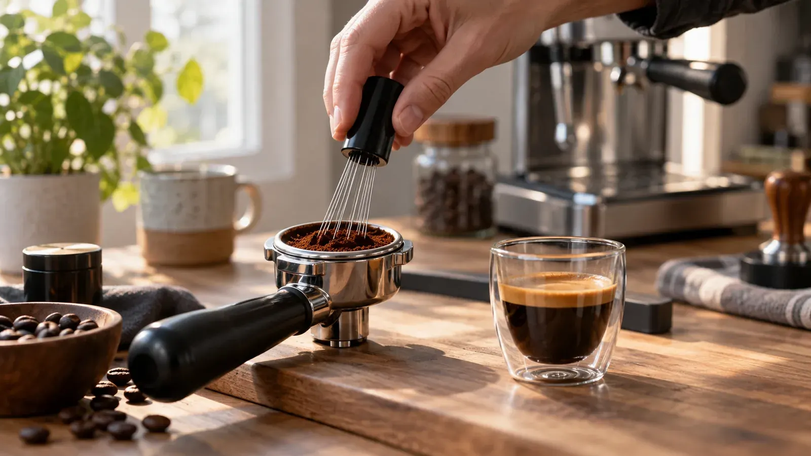 Imagen conceptual generada con IA sobre Qué es el WDT y por qué mejora tu café espresso: Guía 2026