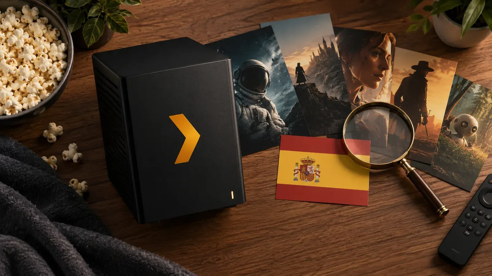 Imagen conceptual generada con IA sobre Cómo configurar Plex con metadatos en español (Guía 2026)
