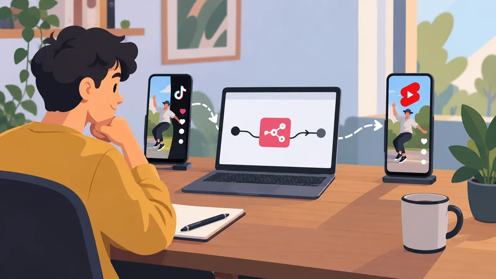 Imagen conceptual generada con IA sobre Cómo usar n8n para republicar tus videos de TikTok en YouTube Shorts
