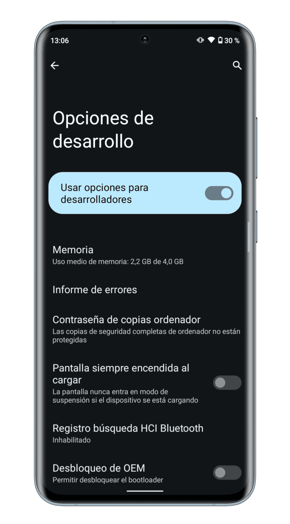 opciones de desarrollador android