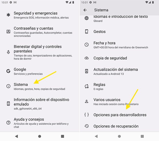 opciones de desarrollador android